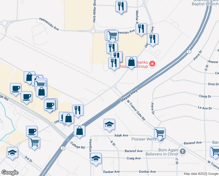 map of restaurants, bars, coffee shops, grocery stores, and more near 930 Old Steese Highway in Fairbanks