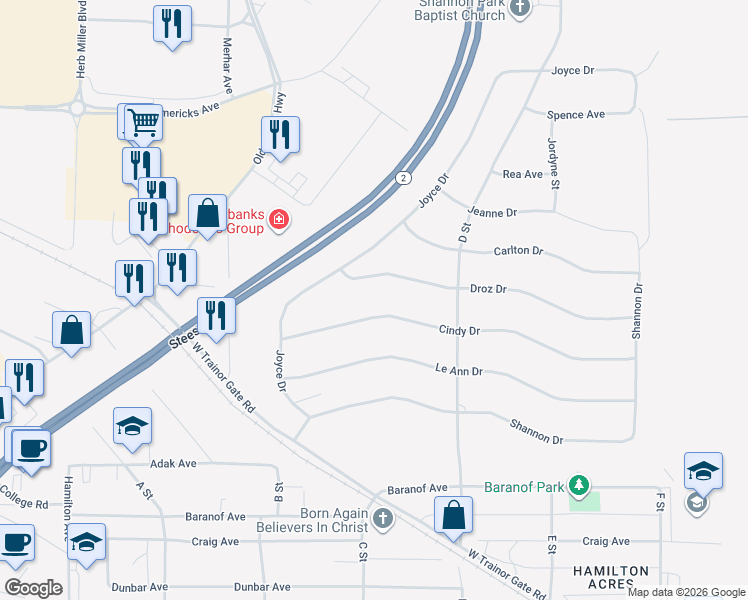 map of restaurants, bars, coffee shops, grocery stores, and more near 1107 Joyce Drive in Fairbanks