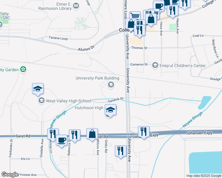 map of restaurants, bars, coffee shops, grocery stores, and more near 1000 University Avenue in Fairbanks