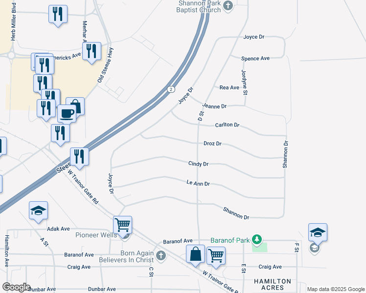 map of restaurants, bars, coffee shops, grocery stores, and more near 362 Droz Drive in Fairbanks
