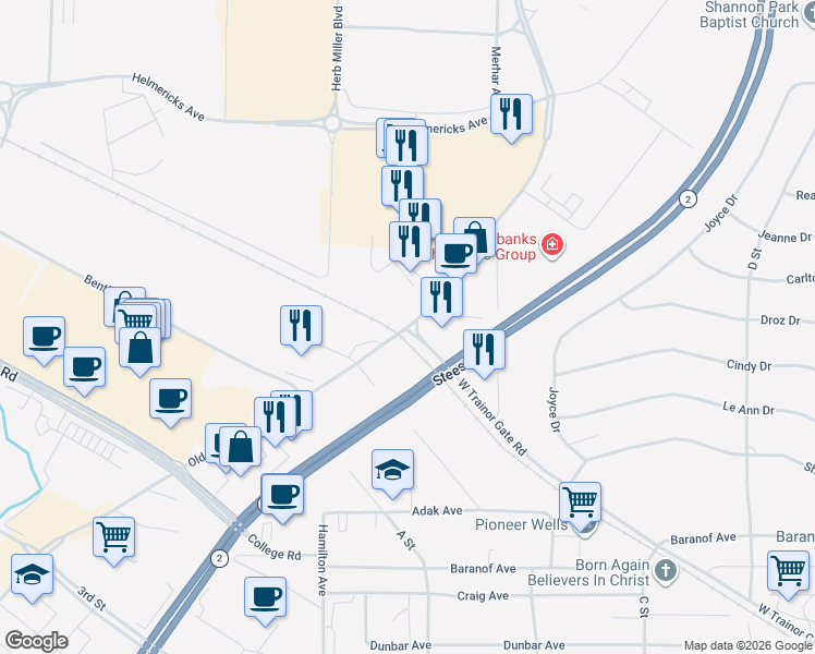 map of restaurants, bars, coffee shops, grocery stores, and more near 1010-1098 Old Steese Hwy in Fairbanks
