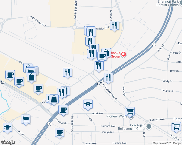 map of restaurants, bars, coffee shops, grocery stores, and more near 1010-1098 Old Steese Hwy in Fairbanks