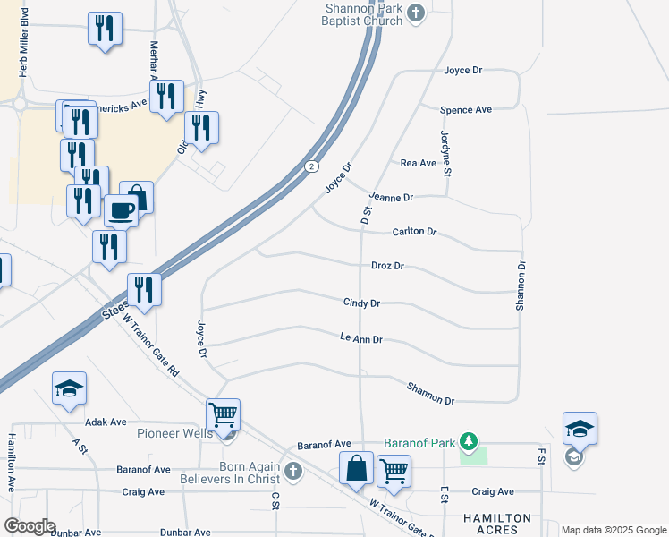 map of restaurants, bars, coffee shops, grocery stores, and more near 362 Droz Drive in Fairbanks