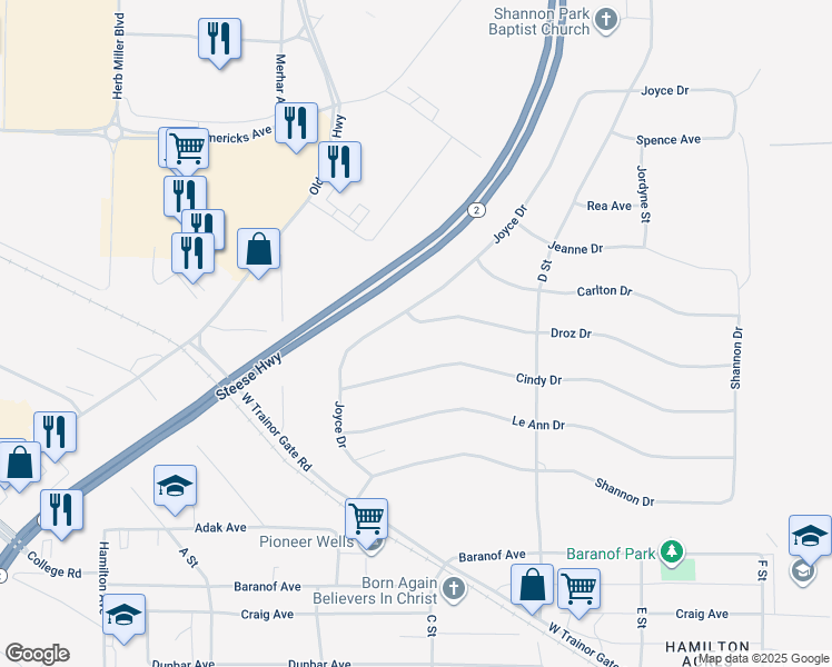 map of restaurants, bars, coffee shops, grocery stores, and more near 1034 Joyce Drive in Fairbanks