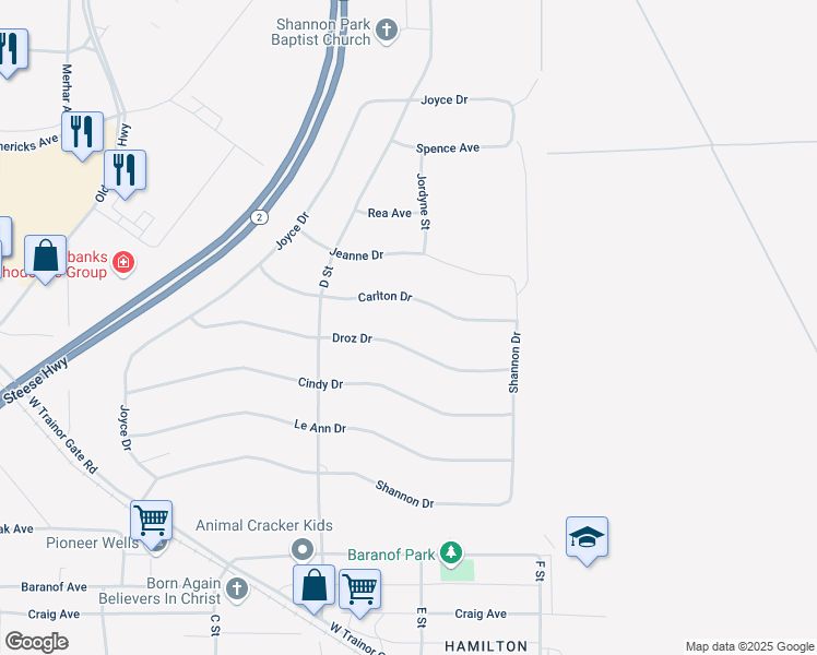 map of restaurants, bars, coffee shops, grocery stores, and more near 444 Droz Drive in Fairbanks