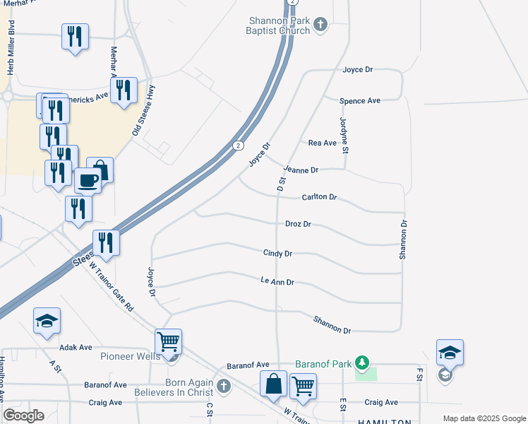 map of restaurants, bars, coffee shops, grocery stores, and more near 362 Droz Drive in Fairbanks
