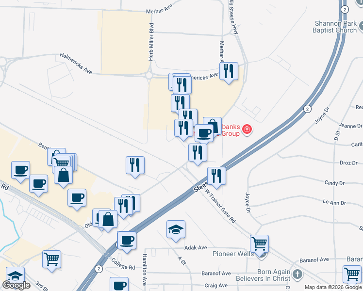 map of restaurants, bars, coffee shops, grocery stores, and more near 906 Old Steese Highway in Fairbanks