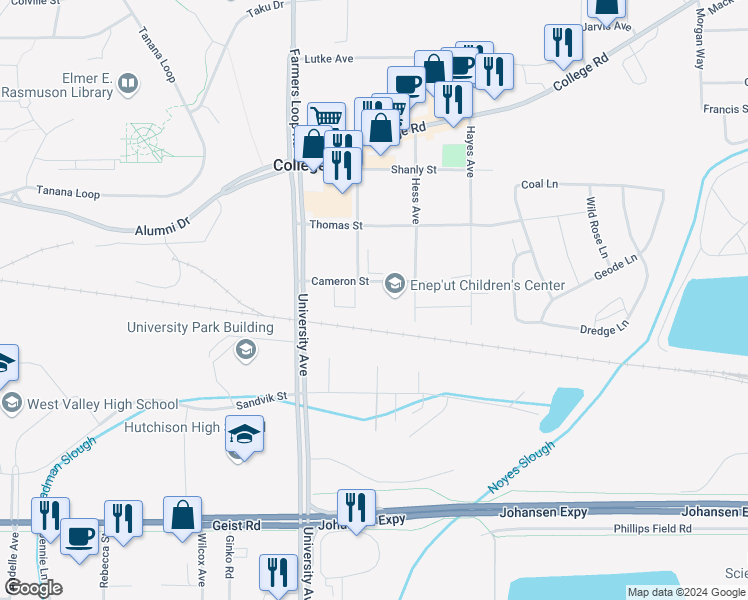 map of restaurants, bars, coffee shops, grocery stores, and more near 3667 Cameron St in Fairbanks