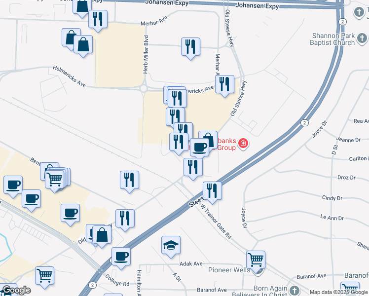 map of restaurants, bars, coffee shops, grocery stores, and more near 910 Old Steese Highway in Fairbanks