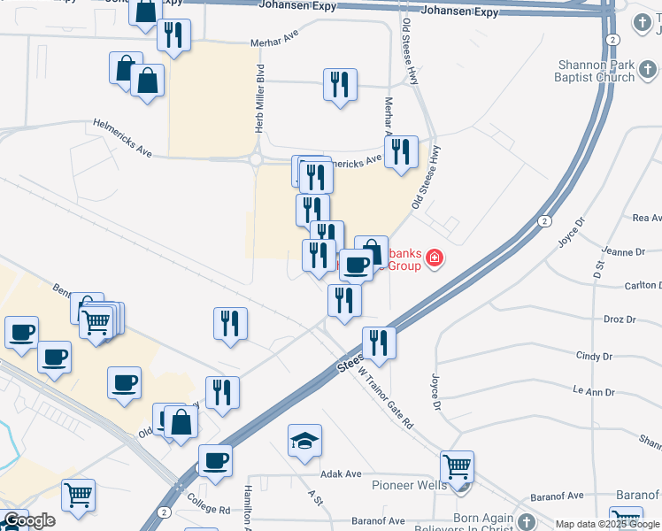 map of restaurants, bars, coffee shops, grocery stores, and more near 910 Old Steese Highway in Fairbanks