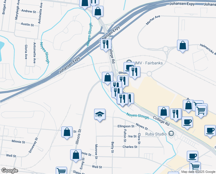 map of restaurants, bars, coffee shops, grocery stores, and more near 99 College Road in Fairbanks