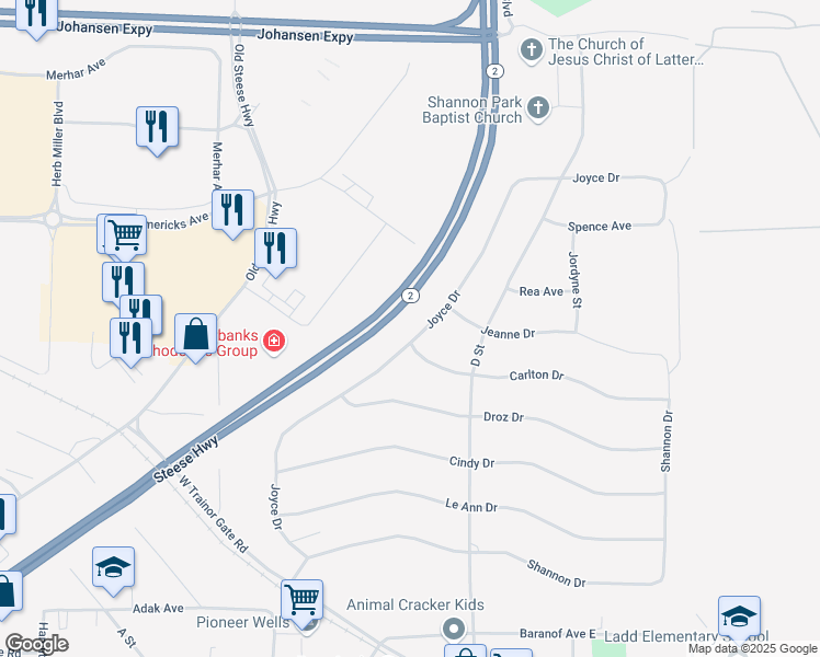 map of restaurants, bars, coffee shops, grocery stores, and more near 1214 Joyce Drive in Fairbanks