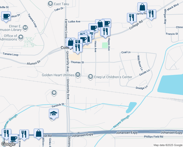 map of restaurants, bars, coffee shops, grocery stores, and more near 1128 Hess Avenue in Fairbanks