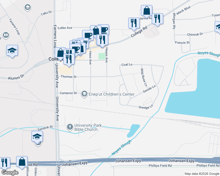 map of restaurants, bars, coffee shops, grocery stores, and more near 1166 Hayes Avenue in Fairbanks