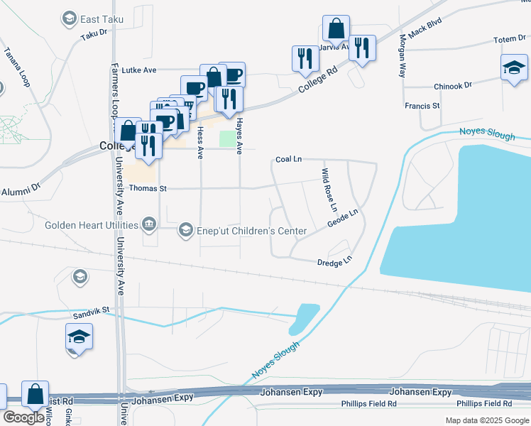 map of restaurants, bars, coffee shops, grocery stores, and more near 124 Forgetmenot Lane in Fairbanks