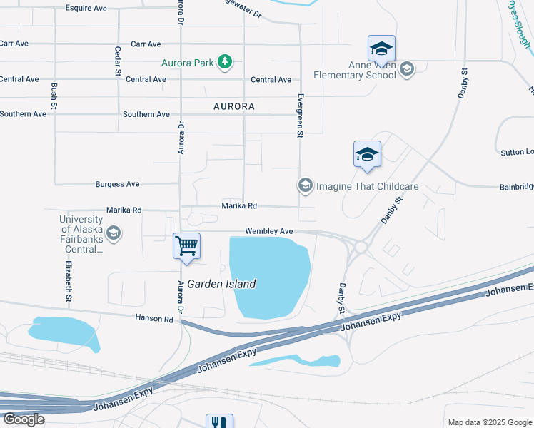 map of restaurants, bars, coffee shops, grocery stores, and more near 1605 Marika Road in Fairbanks