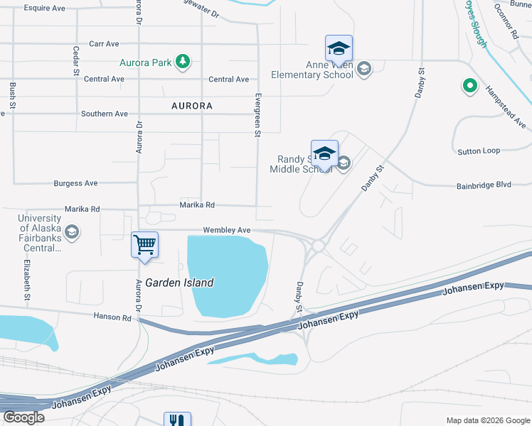 map of restaurants, bars, coffee shops, grocery stores, and more near 1501 Marika Road in Fairbanks