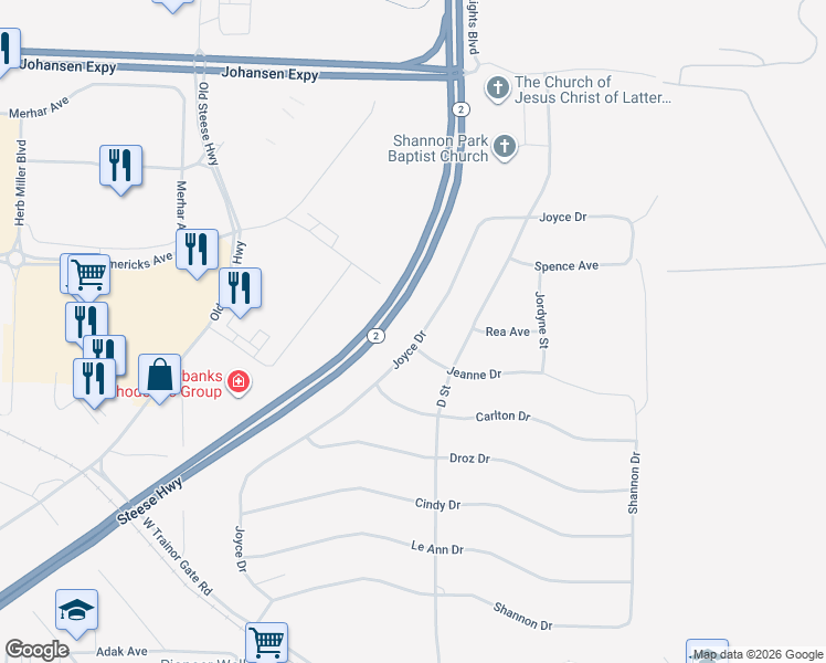 map of restaurants, bars, coffee shops, grocery stores, and more near 1241 Joyce Drive in Fairbanks
