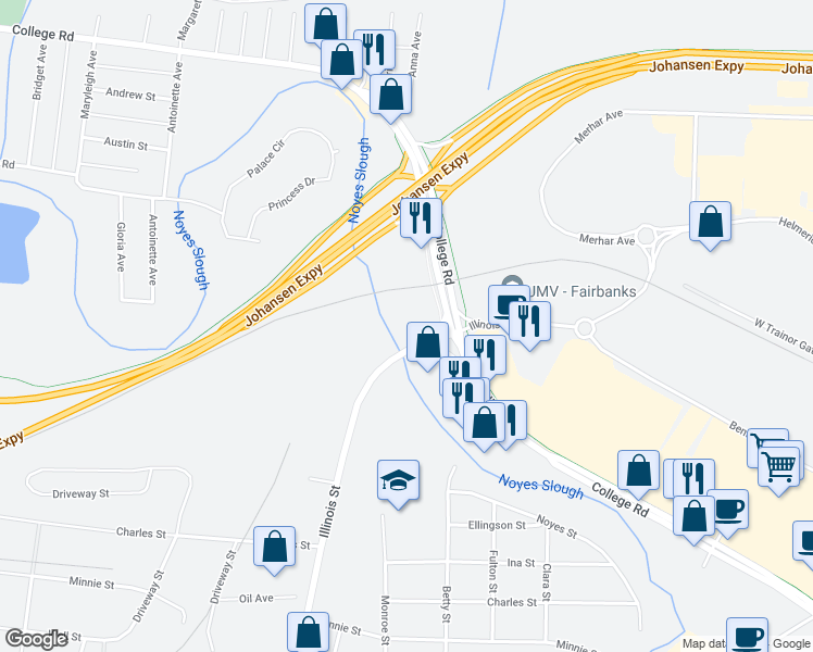 map of restaurants, bars, coffee shops, grocery stores, and more near 99 College Road in Fairbanks