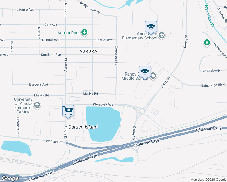 map of restaurants, bars, coffee shops, grocery stores, and more near 1501 Marika Road in Fairbanks