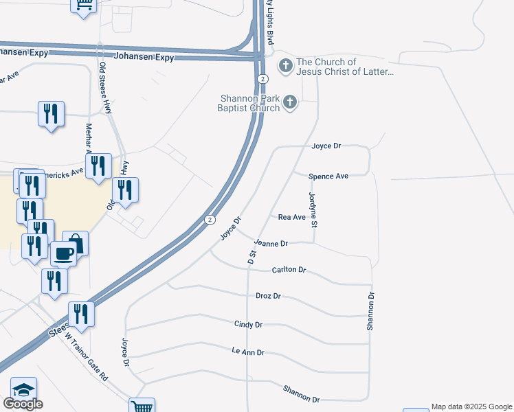 map of restaurants, bars, coffee shops, grocery stores, and more near 1341 Joyce Drive in Fairbanks