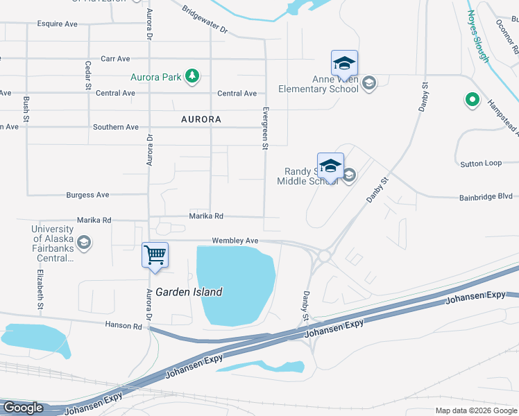 map of restaurants, bars, coffee shops, grocery stores, and more near 1501 Marika Road in Fairbanks
