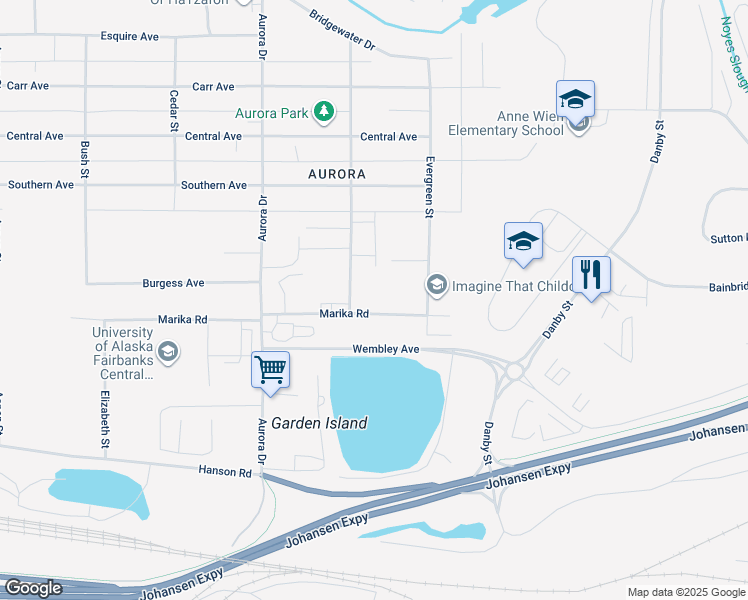 map of restaurants, bars, coffee shops, grocery stores, and more near 1606 Marika Road in Fairbanks