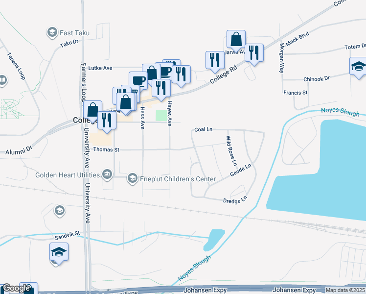 map of restaurants, bars, coffee shops, grocery stores, and more near 124 Forgetmenot Lane in Fairbanks