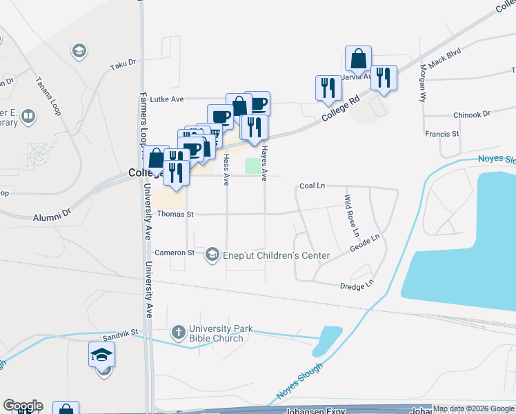 map of restaurants, bars, coffee shops, grocery stores, and more near 1265 Hayes Avenue in Fairbanks