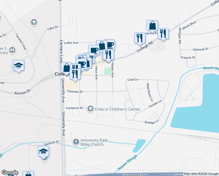map of restaurants, bars, coffee shops, grocery stores, and more near 1265 Hayes Avenue in Fairbanks