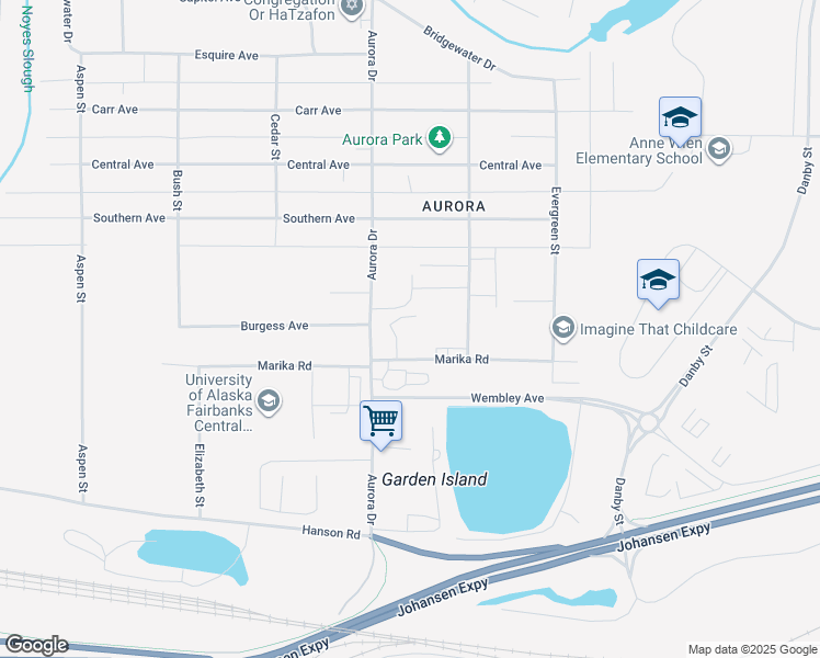map of restaurants, bars, coffee shops, grocery stores, and more near 1031 Aurora Drive in Fairbanks