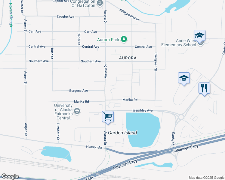 map of restaurants, bars, coffee shops, grocery stores, and more near 1031 Aurora Drive in Fairbanks