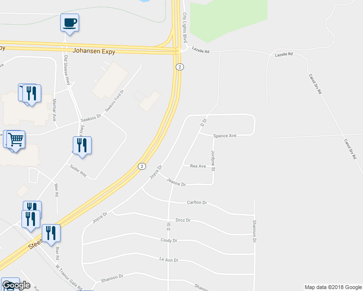 map of restaurants, bars, coffee shops, grocery stores, and more near 1355 Joyce Drive in Fairbanks