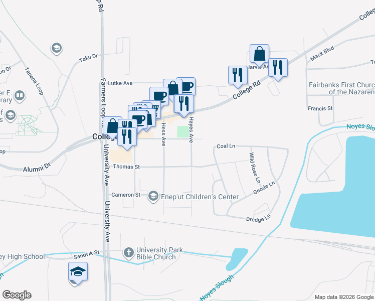 map of restaurants, bars, coffee shops, grocery stores, and more near 1265 Hayes Avenue in Fairbanks