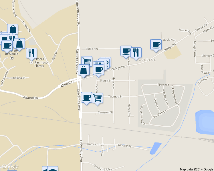map of restaurants, bars, coffee shops, grocery stores, and more near 1280 Hess Avenue in Fairbanks