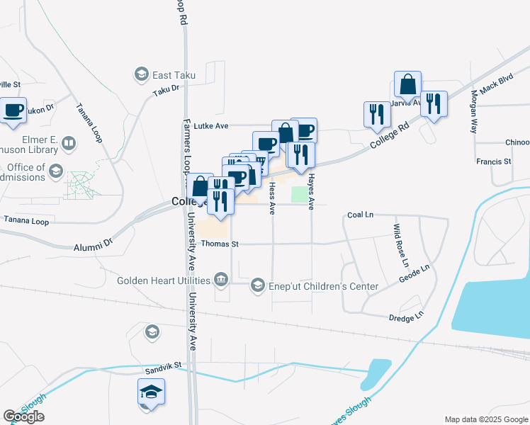 map of restaurants, bars, coffee shops, grocery stores, and more near 1280 Hess Avenue in Fairbanks