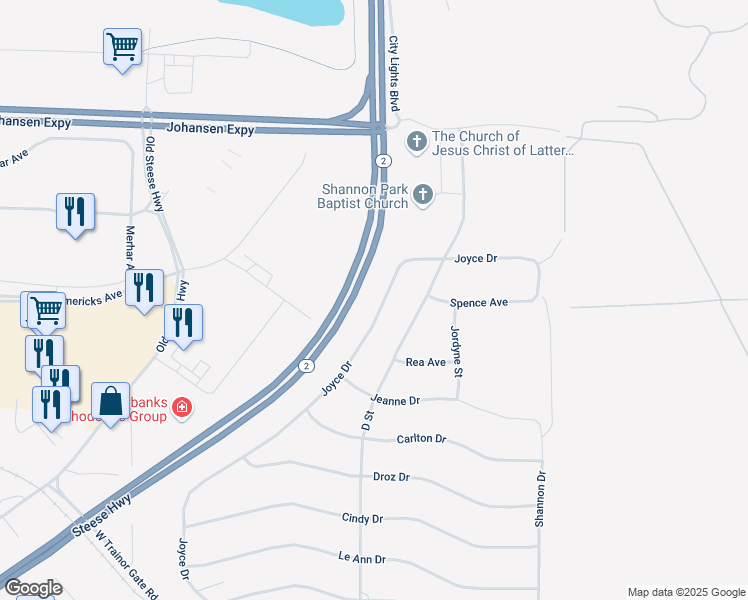 map of restaurants, bars, coffee shops, grocery stores, and more near 1372 Joyce Drive in Fairbanks
