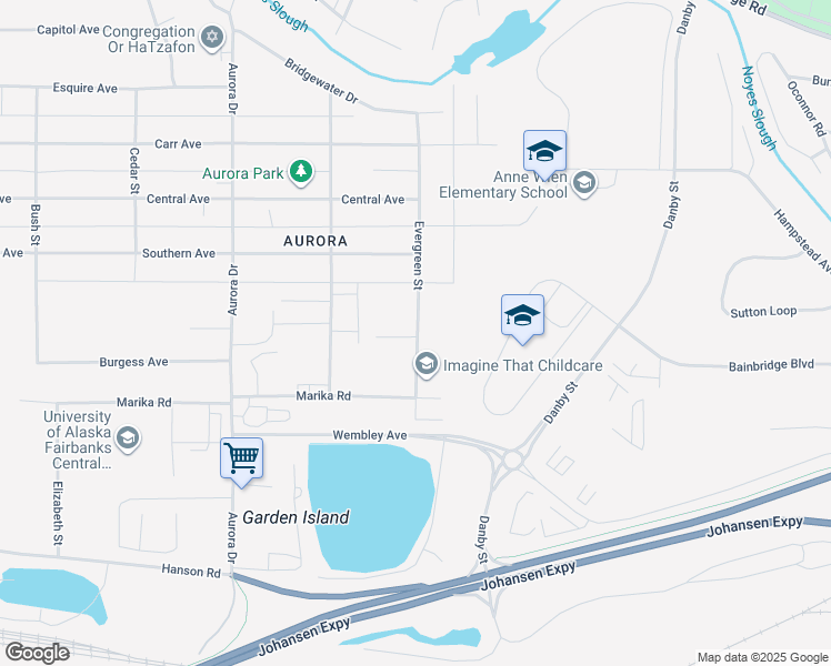 map of restaurants, bars, coffee shops, grocery stores, and more near 1048 Evergreen Street in Fairbanks