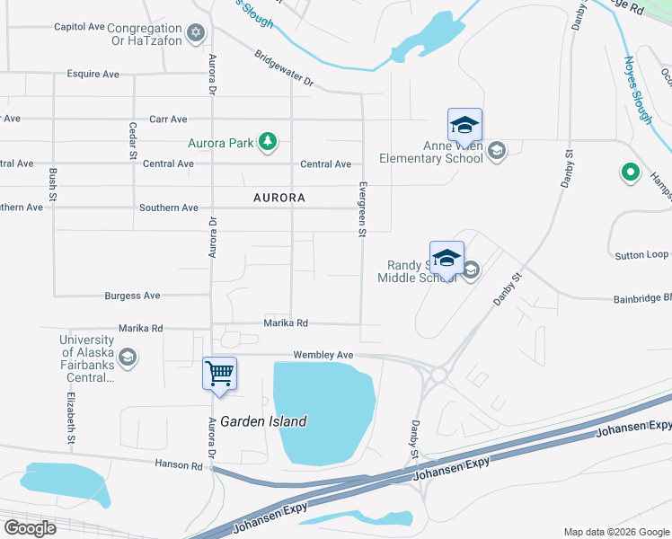 map of restaurants, bars, coffee shops, grocery stores, and more near 1066 Evergreen Street in Fairbanks
