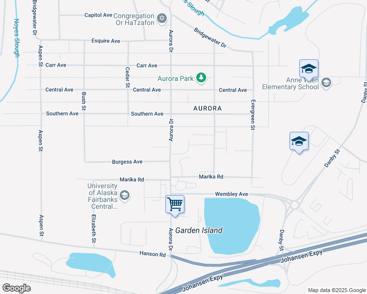 map of restaurants, bars, coffee shops, grocery stores, and more near 1031 Aurora Drive in Fairbanks