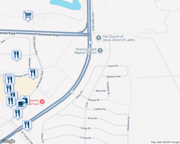map of restaurants, bars, coffee shops, grocery stores, and more near 1382 Joyce Drive in Fairbanks