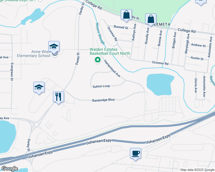 map of restaurants, bars, coffee shops, grocery stores, and more near 1234 Sutton Loop in Fairbanks