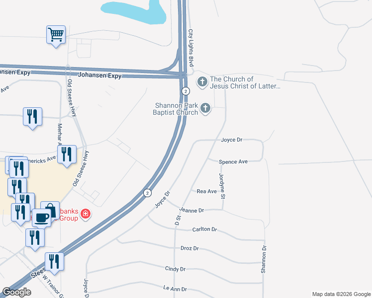 map of restaurants, bars, coffee shops, grocery stores, and more near 1390 Joyce Drive in Fairbanks