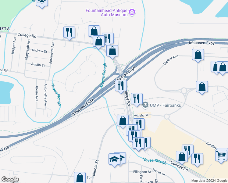 map of restaurants, bars, coffee shops, grocery stores, and more near 213 College Road in Fairbanks