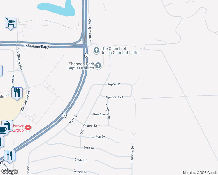 map of restaurants, bars, coffee shops, grocery stores, and more near 1443 Joyce Drive in Fairbanks