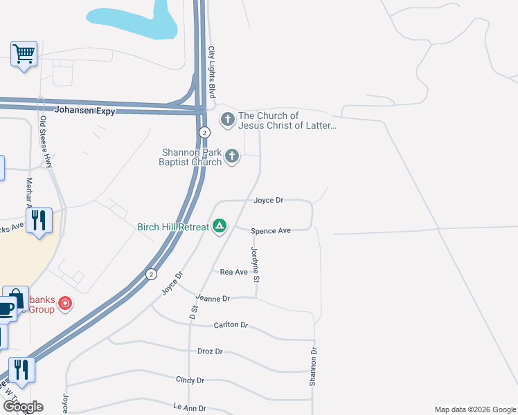 map of restaurants, bars, coffee shops, grocery stores, and more near 428 Spence Avenue in Fairbanks