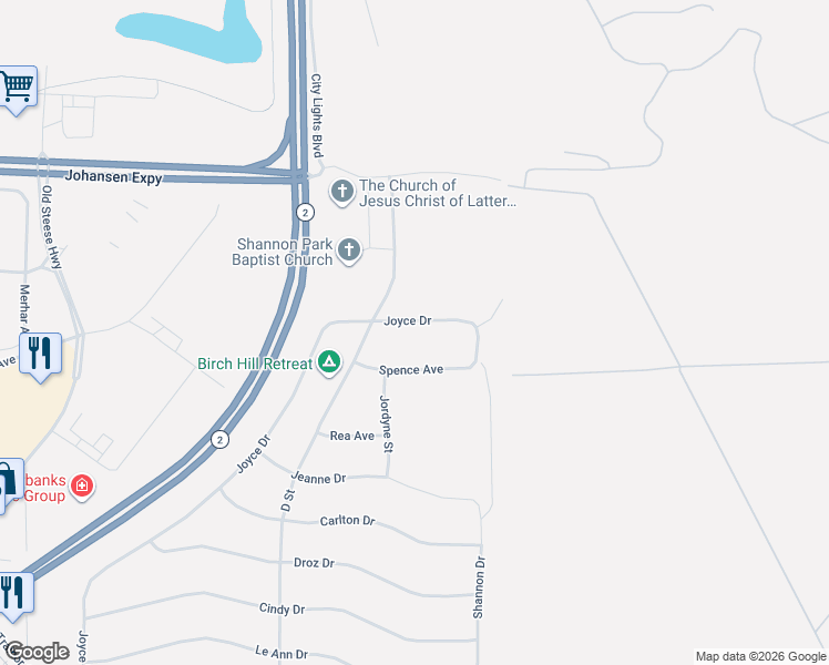 map of restaurants, bars, coffee shops, grocery stores, and more near 454 Spence Avenue in Fairbanks
