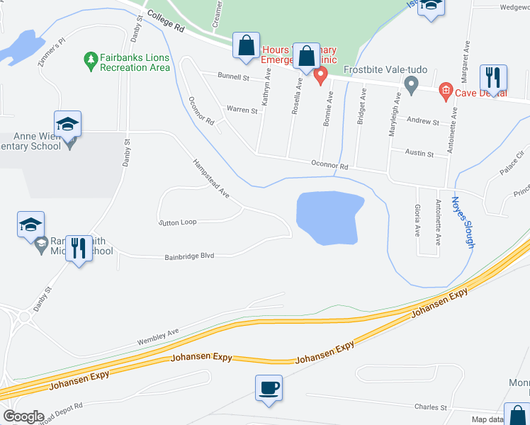 map of restaurants, bars, coffee shops, grocery stores, and more near 1218 Hampstead Avenue in Fairbanks
