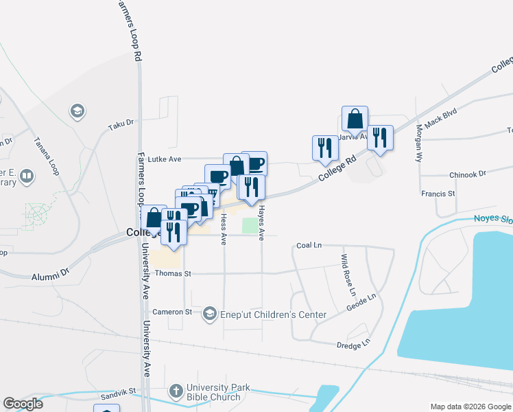 map of restaurants, bars, coffee shops, grocery stores, and more near 3412 College Road in Fairbanks