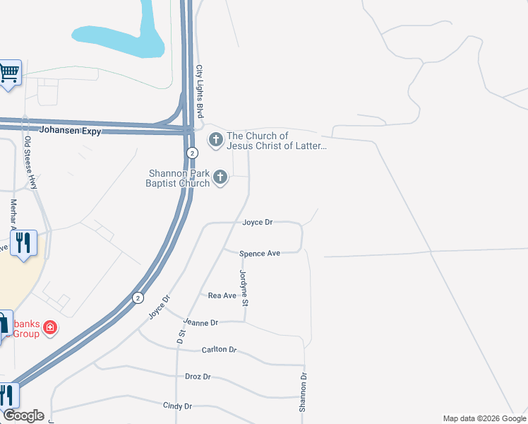 map of restaurants, bars, coffee shops, grocery stores, and more near 407 Lazelle Road in Fairbanks